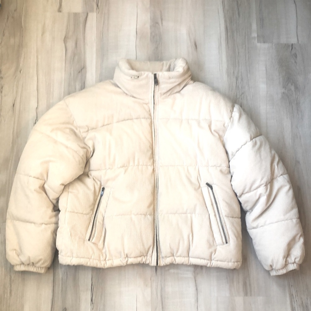 Cream corduroy puffer jacket with fold-up, zip-in hood
